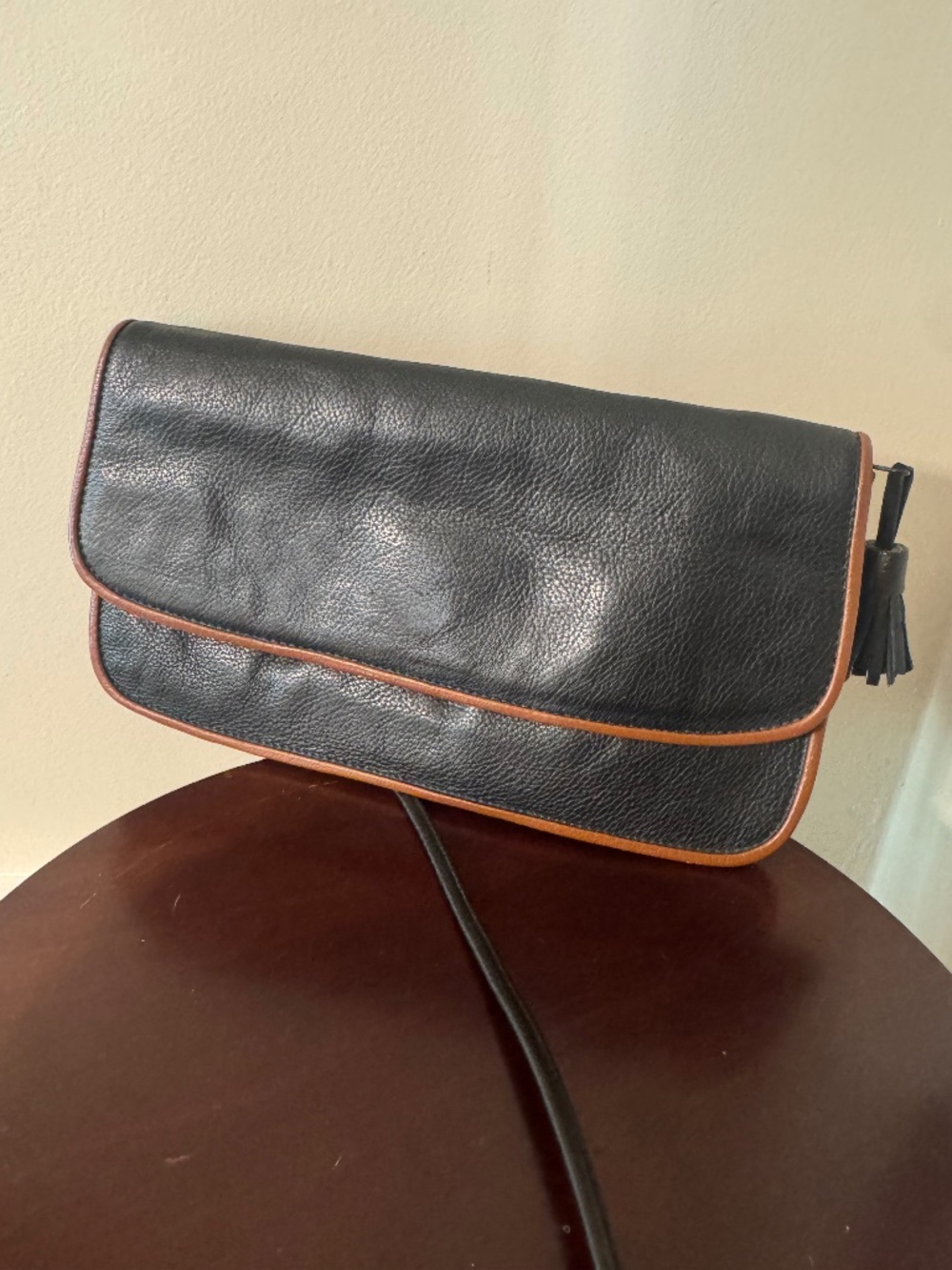 Vintage Black Leather Crossbody Bag with Brown Trim, Horse Interior